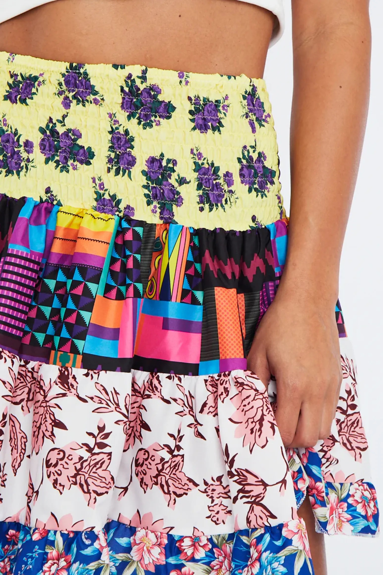 Rebellious Fashion Multi Floral Print Shirred Boho Mini Skirt - Lottie