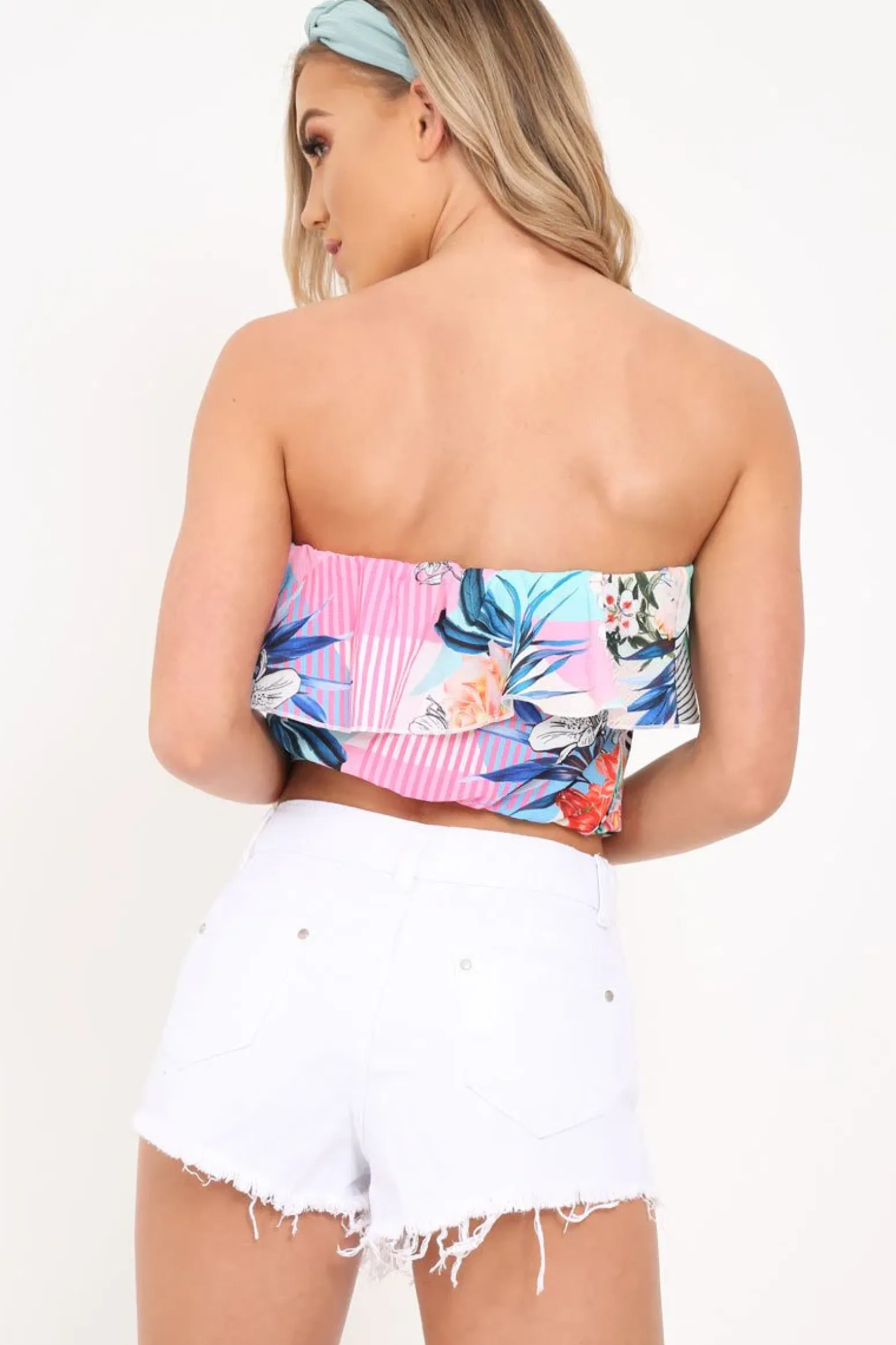 Rebellious Fashion Multi Floral Ruffle Bardot Crop Top - Tiffany