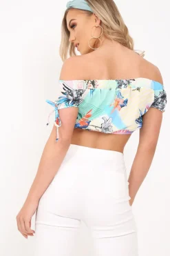 Rebellious Fashion Multi Floral Tie Sleeve Bardot Top - Miana