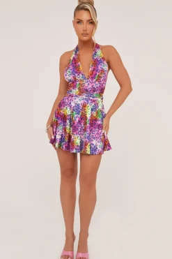 Rebellious Fashion Multi Leopard Print Halter Neck Mini Dress - Aria