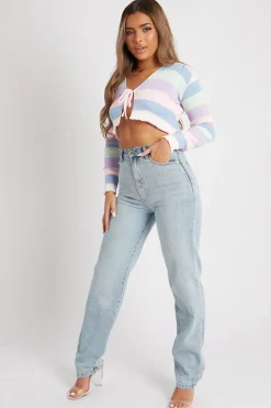 Rebellious Fashion Multi Pastel Colour Tie Front Knit Top - Irah