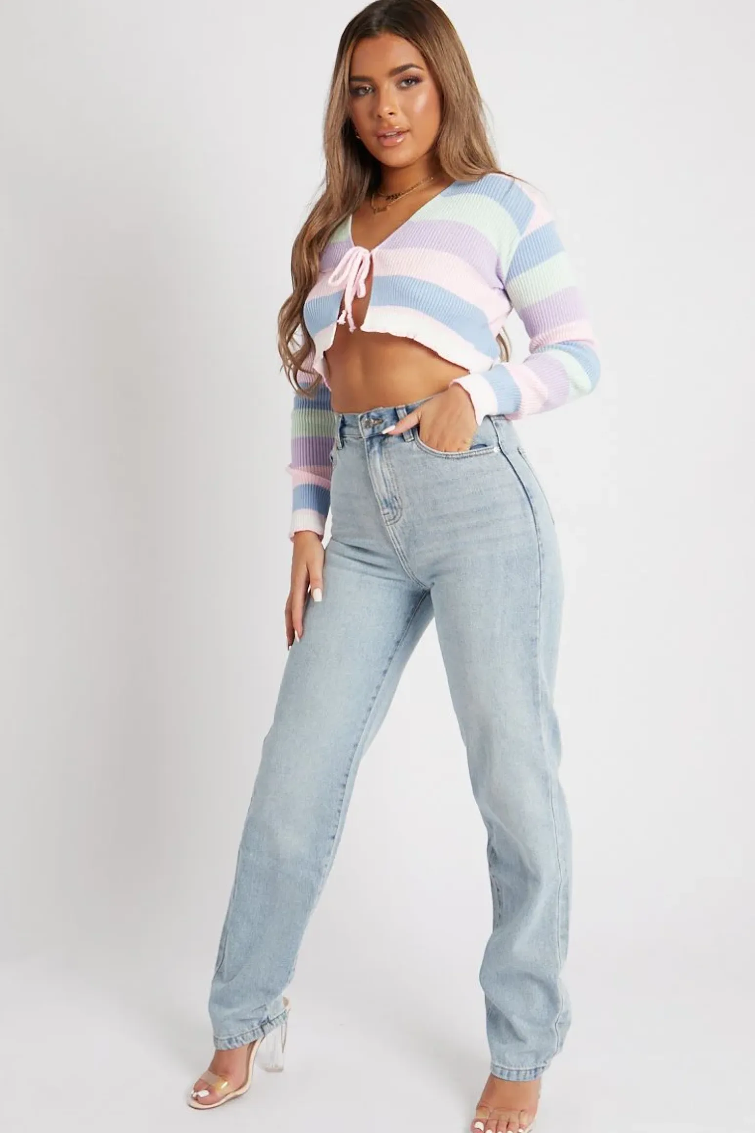 Rebellious Fashion Multi Pastel Colour Tie Front Knit Top - Irah