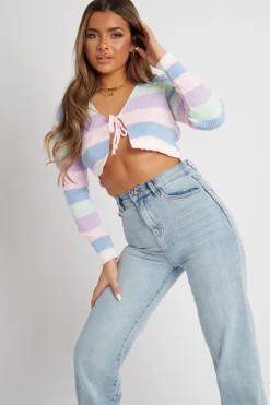 Rebellious Fashion Multi Pastel Colour Tie Front Knit Top - Irah