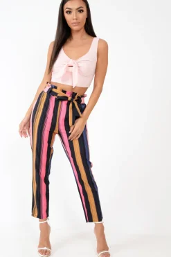 Rebellious Fashion Multi Pink Stripe Tie Waist Tapered Trousers - Midori