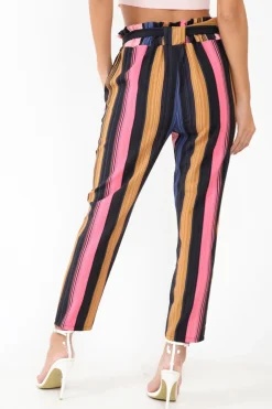 Rebellious Fashion Multi Pink Stripe Tie Waist Tapered Trousers - Midori