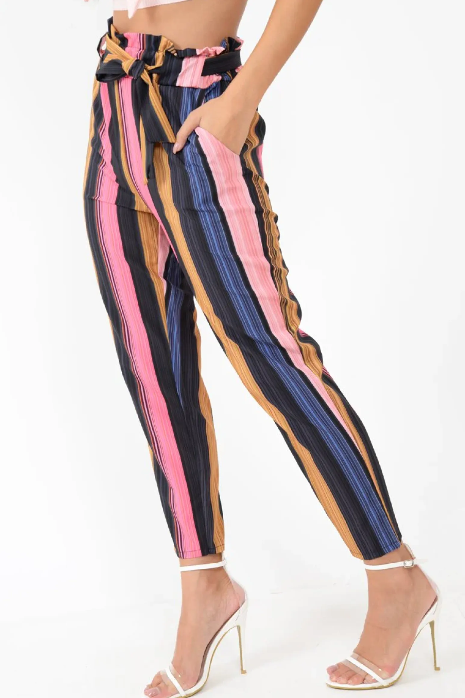 Rebellious Fashion Multi Pink Stripe Tie Waist Tapered Trousers - Midori