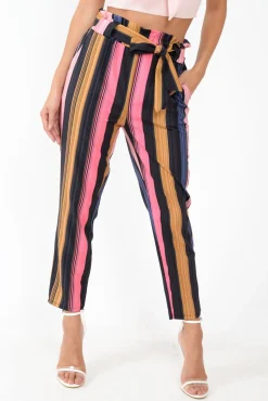 Rebellious Fashion Multi Pink Stripe Tie Waist Tapered Trousers - Midori
