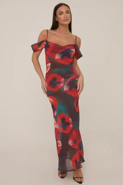 Rebellious Fashion Multi Poppy Printed Sheer Cowl Maxi Dress - Alohi