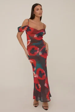 Rebellious Fashion Multi Poppy Printed Sheer Cowl Maxi Dress - Alohi