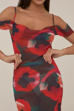 Rebellious Fashion Multi Poppy Printed Sheer Cowl Maxi Dress - Alohi