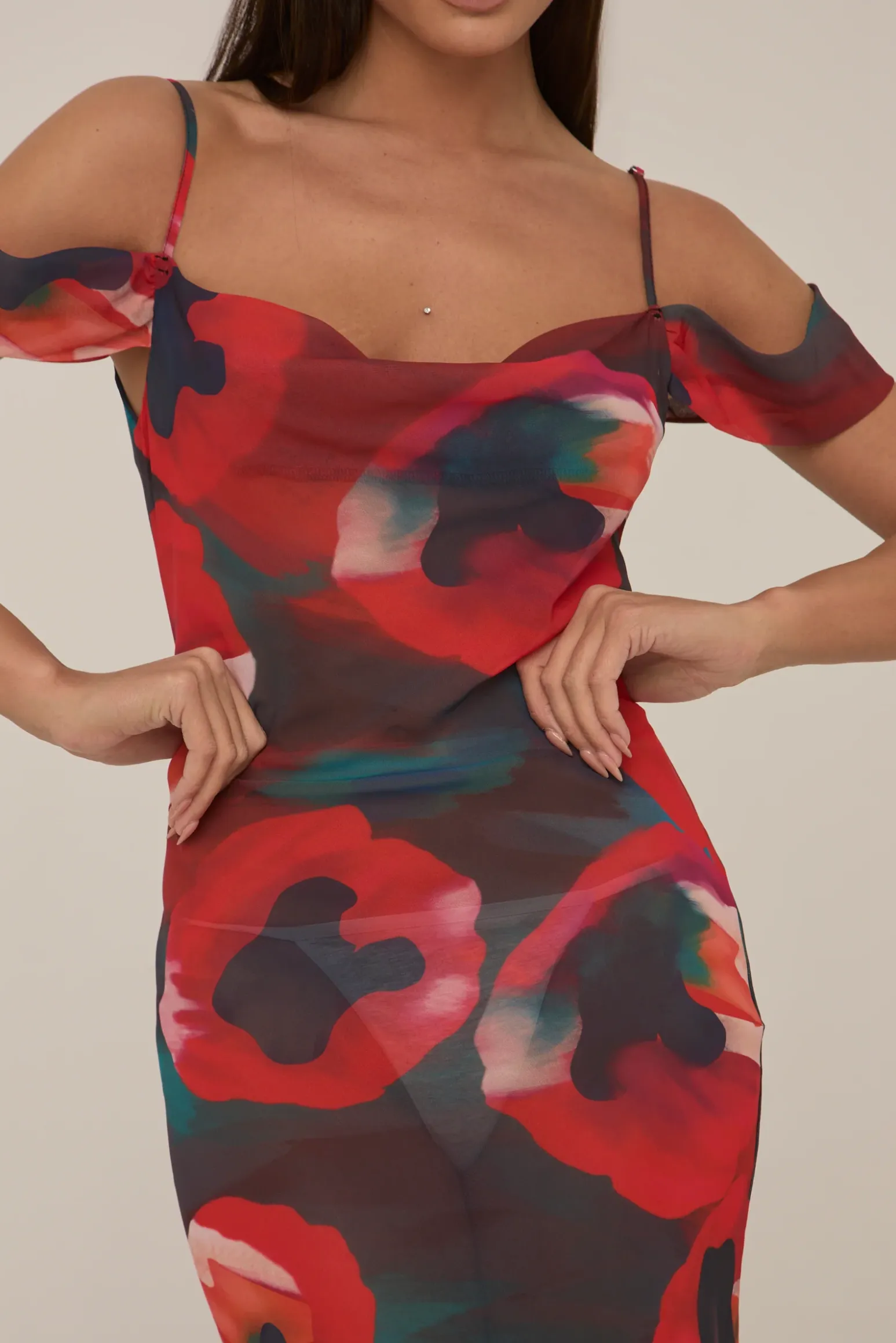 Rebellious Fashion Multi Poppy Printed Sheer Cowl Maxi Dress - Alohi