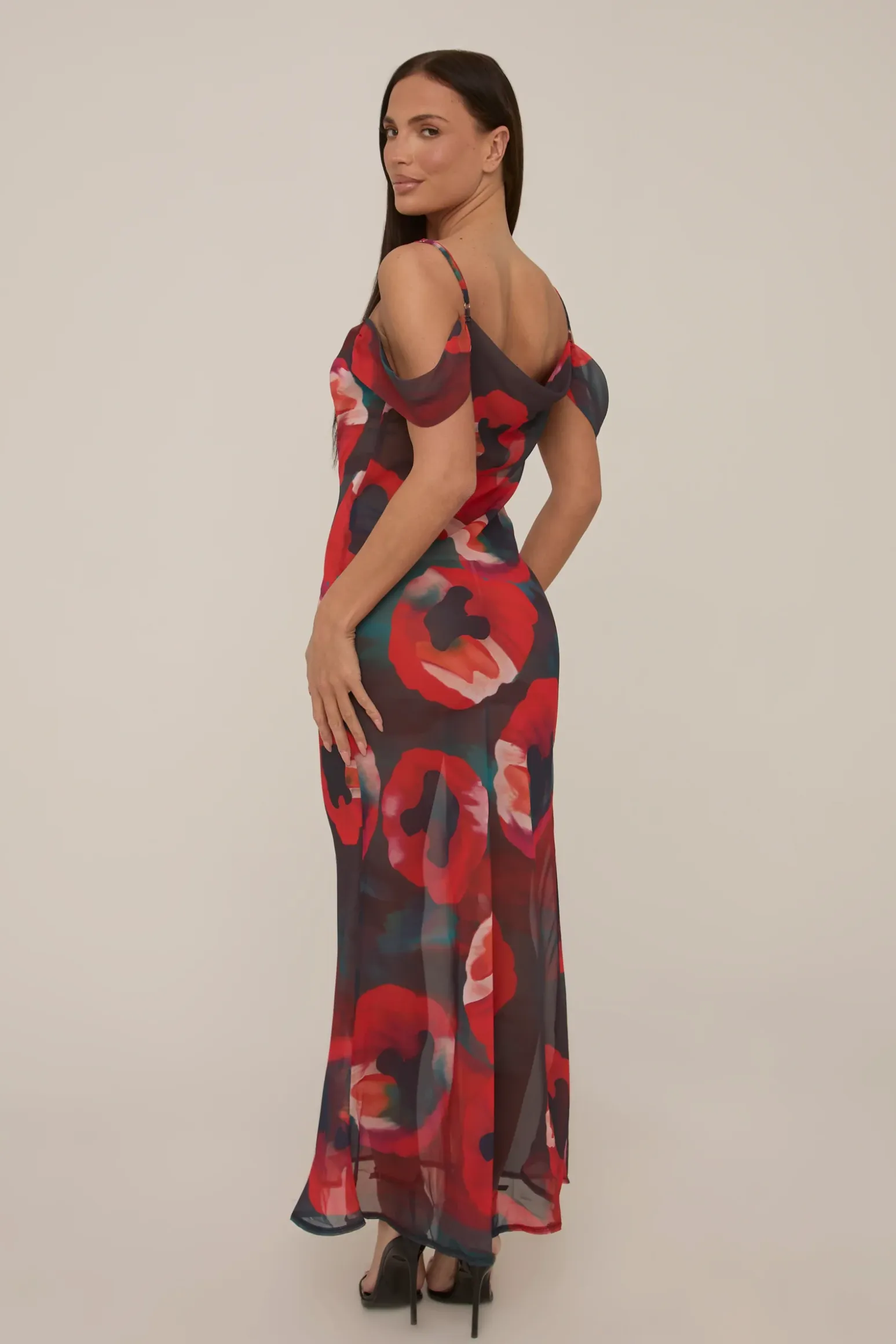 Rebellious Fashion Multi Poppy Printed Sheer Cowl Maxi Dress - Alohi