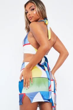Rebellious Fashion Multi Print Cut Out Ring Detail Halter Neck Crop Top & Mini Skirt Set - Jocee