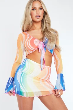 Rebellious Fashion Multi Print Mesh Tie Front Crop Top And Mini Skirt Set- Jersi
