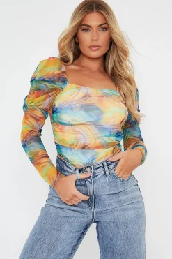 Rebellious Fashion Multi Rainbow Puff Sleeve Bodysuit - Deana