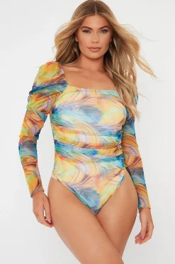 Rebellious Fashion Multi Rainbow Puff Sleeve Bodysuit - Deana