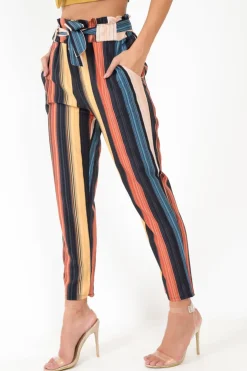 Rebellious Fashion Multi Rust Stripe Tie Waist Tapered Trousers - Midori