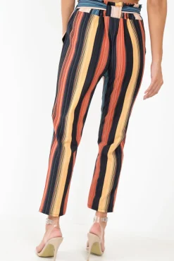 Rebellious Fashion Multi Rust Stripe Tie Waist Tapered Trousers - Midori