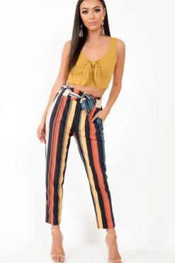Rebellious Fashion Multi Rust Stripe Tie Waist Tapered Trousers - Midori