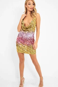 Rebellious Fashion Multi Sequin Halter Cowl Neck Backless Mini Dress - Chloee