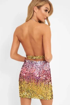 Rebellious Fashion Multi Sequin Halter Cowl Neck Backless Mini Dress - Chloee