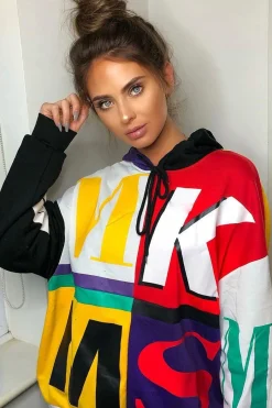 Rebellious Fashion Multi Slogan Print Colour Block Hoodie - Athira
