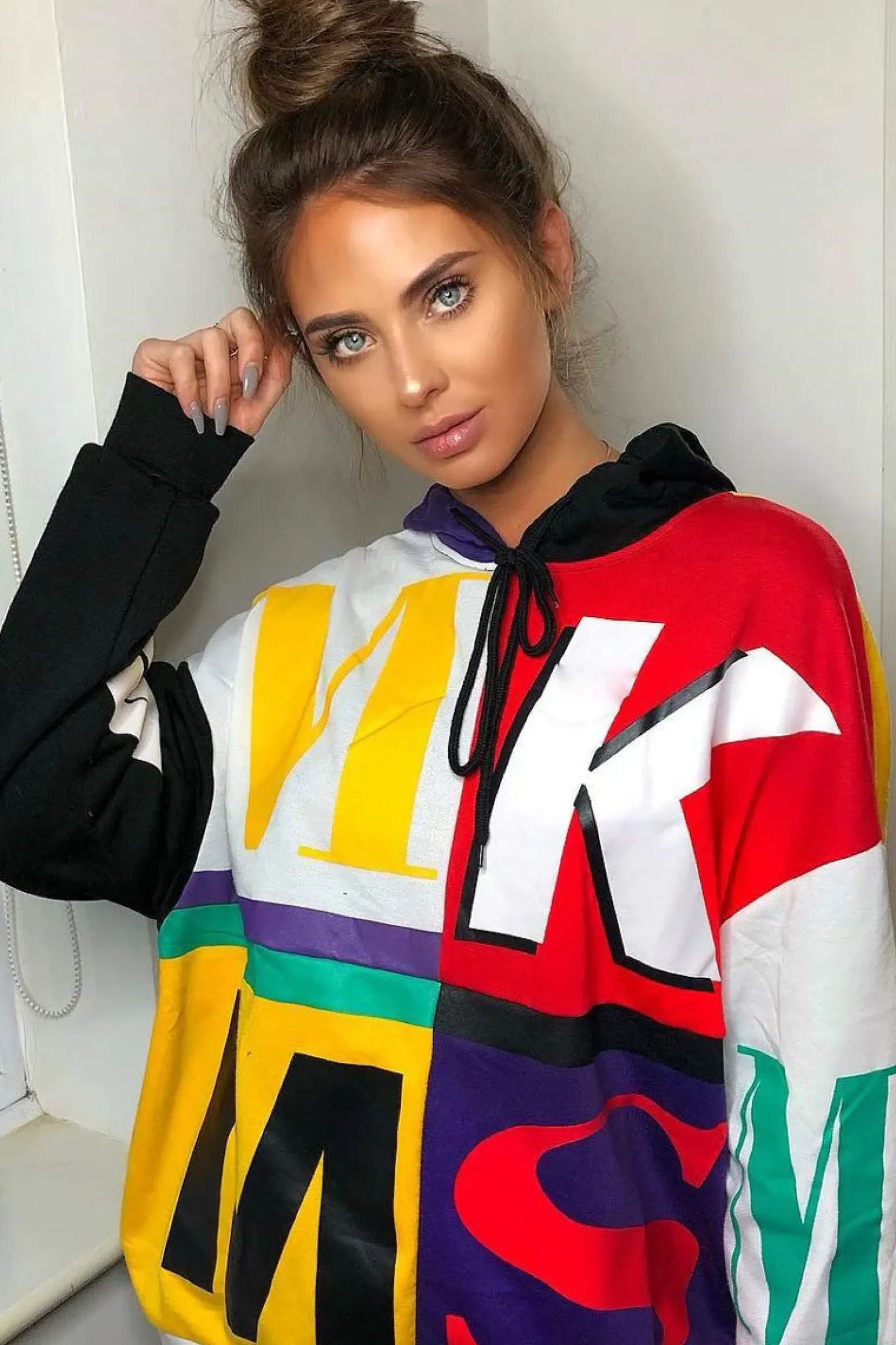 Rebellious Fashion Multi Slogan Print Colour Block Hoodie - Athira