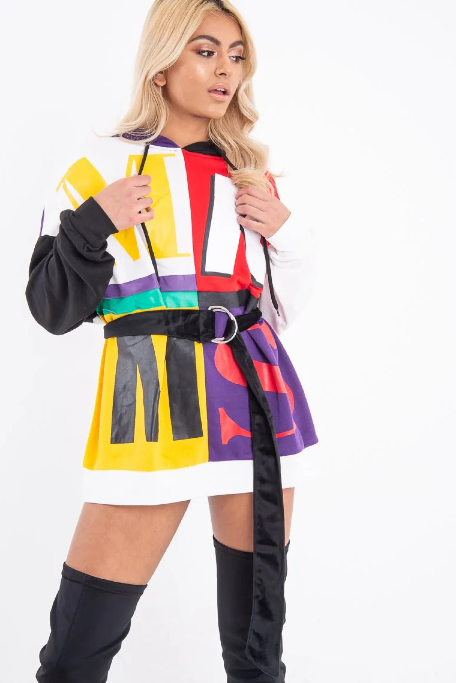 Rebellious Fashion Multi Slogan Print Colour Block Hoodie - Athira