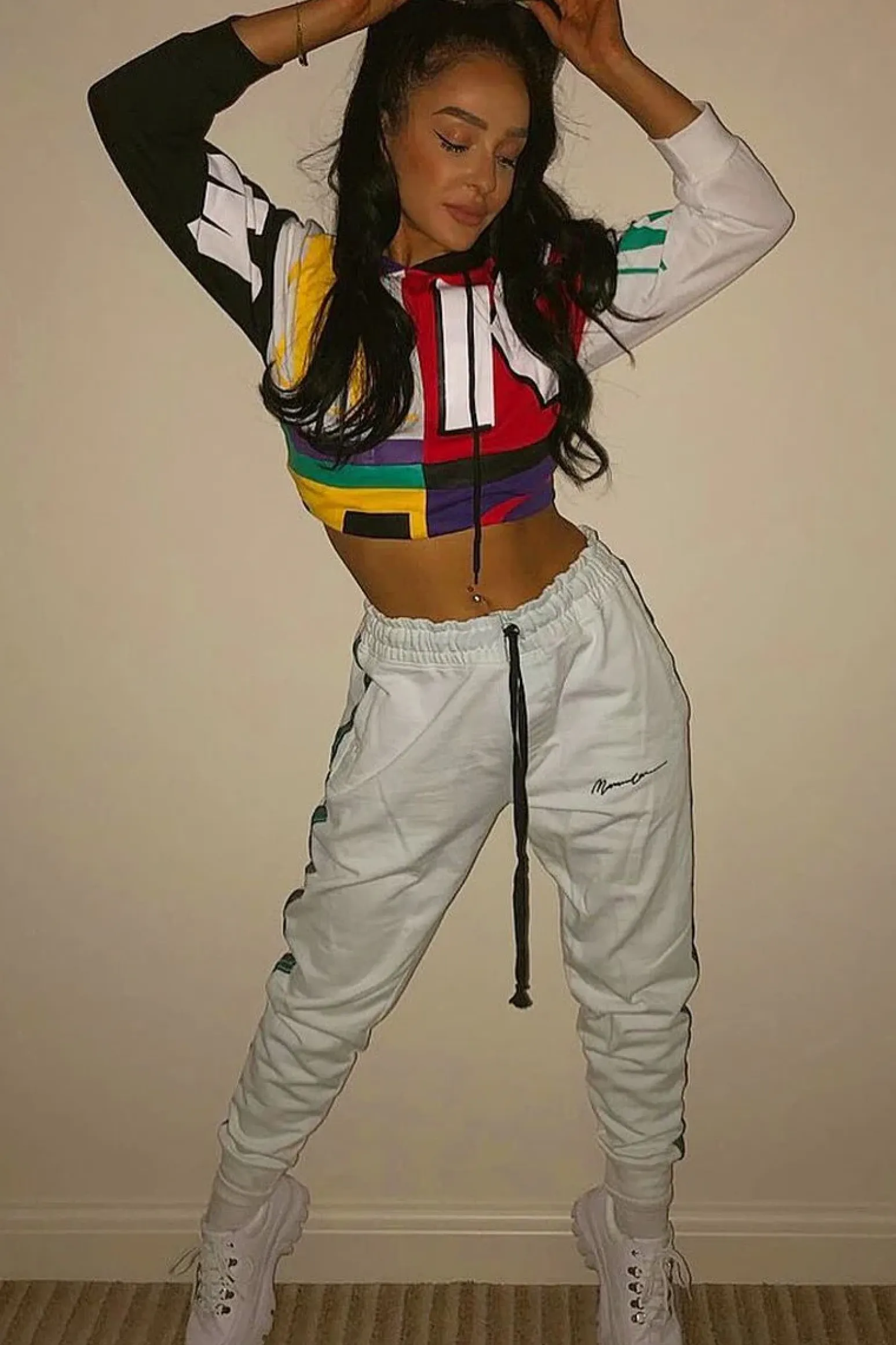 Rebellious Fashion Multi Slogan Print Colour Block Hoodie - Athira