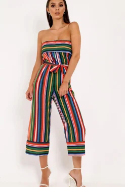 Rebellious Fashion Multi Stripe Bardot Ruffle Culotte Jumpsuit - Yalaina