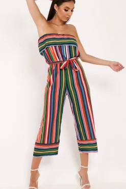 Rebellious Fashion Multi Stripe Bardot Ruffle Culotte Jumpsuit - Yalaina