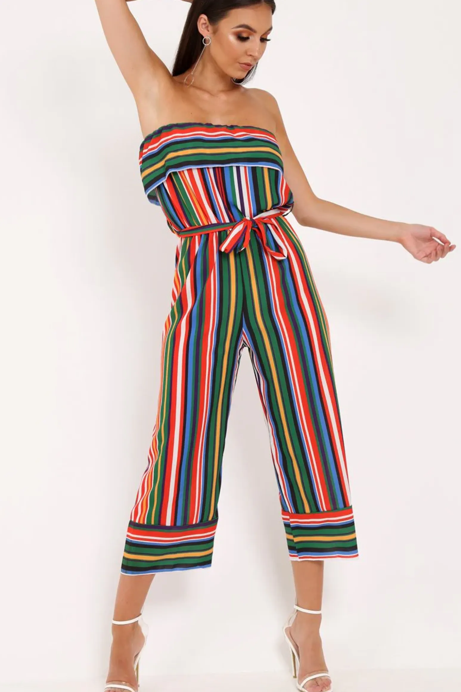 Rebellious Fashion Multi Stripe Bardot Ruffle Culotte Jumpsuit - Yalaina