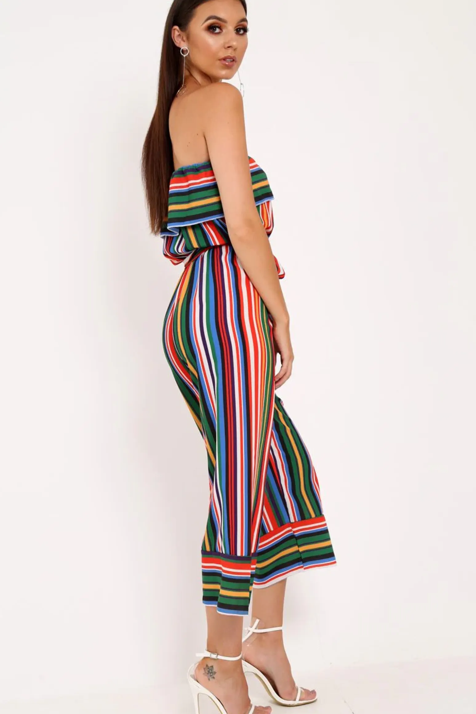 Rebellious Fashion Multi Stripe Bardot Ruffle Culotte Jumpsuit - Yalaina
