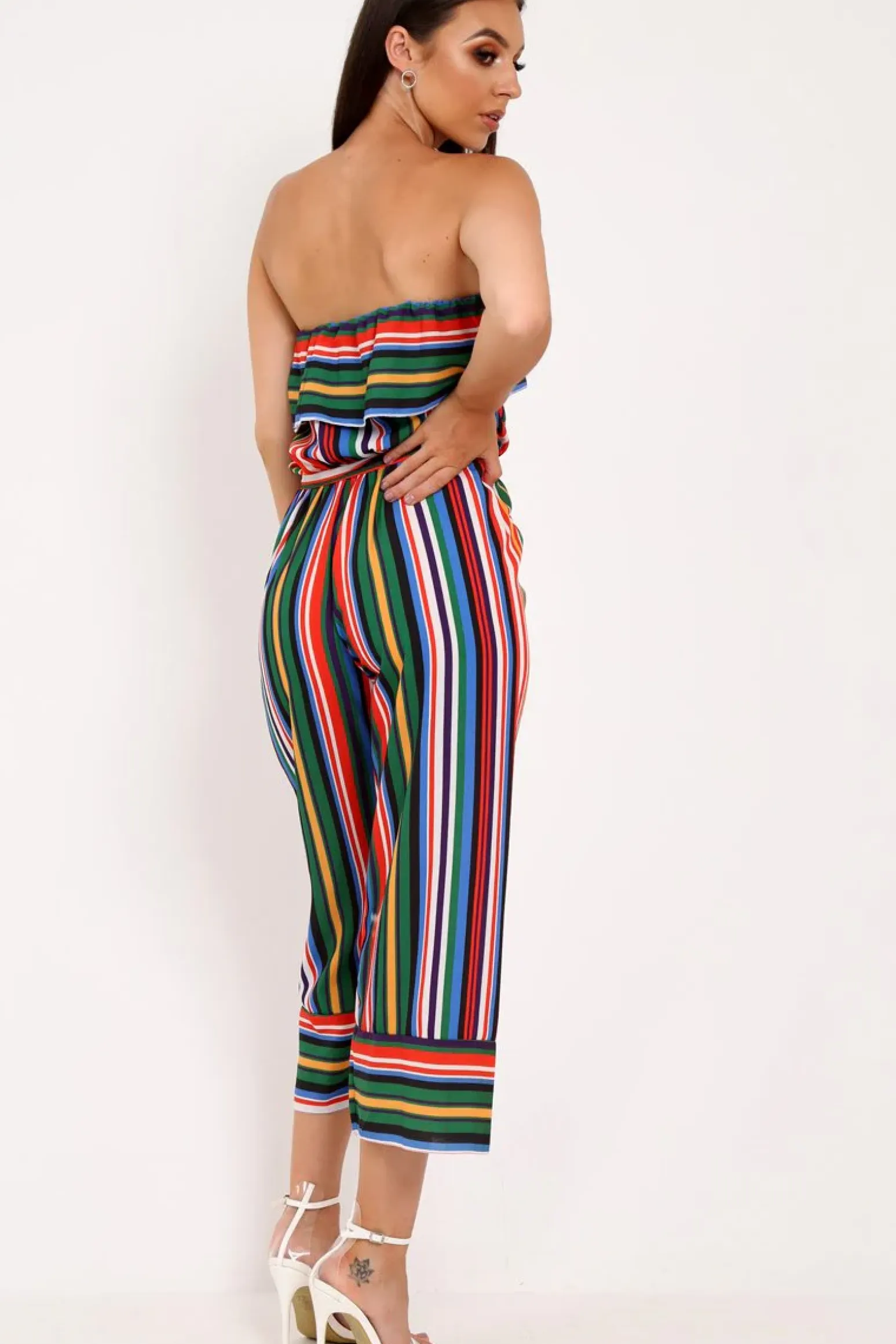 Rebellious Fashion Multi Stripe Bardot Ruffle Culotte Jumpsuit - Yalaina