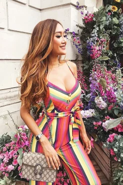 Rebellious Fashion Multi Stripe Button Detail Culotte Jumpsuit - Sapphira