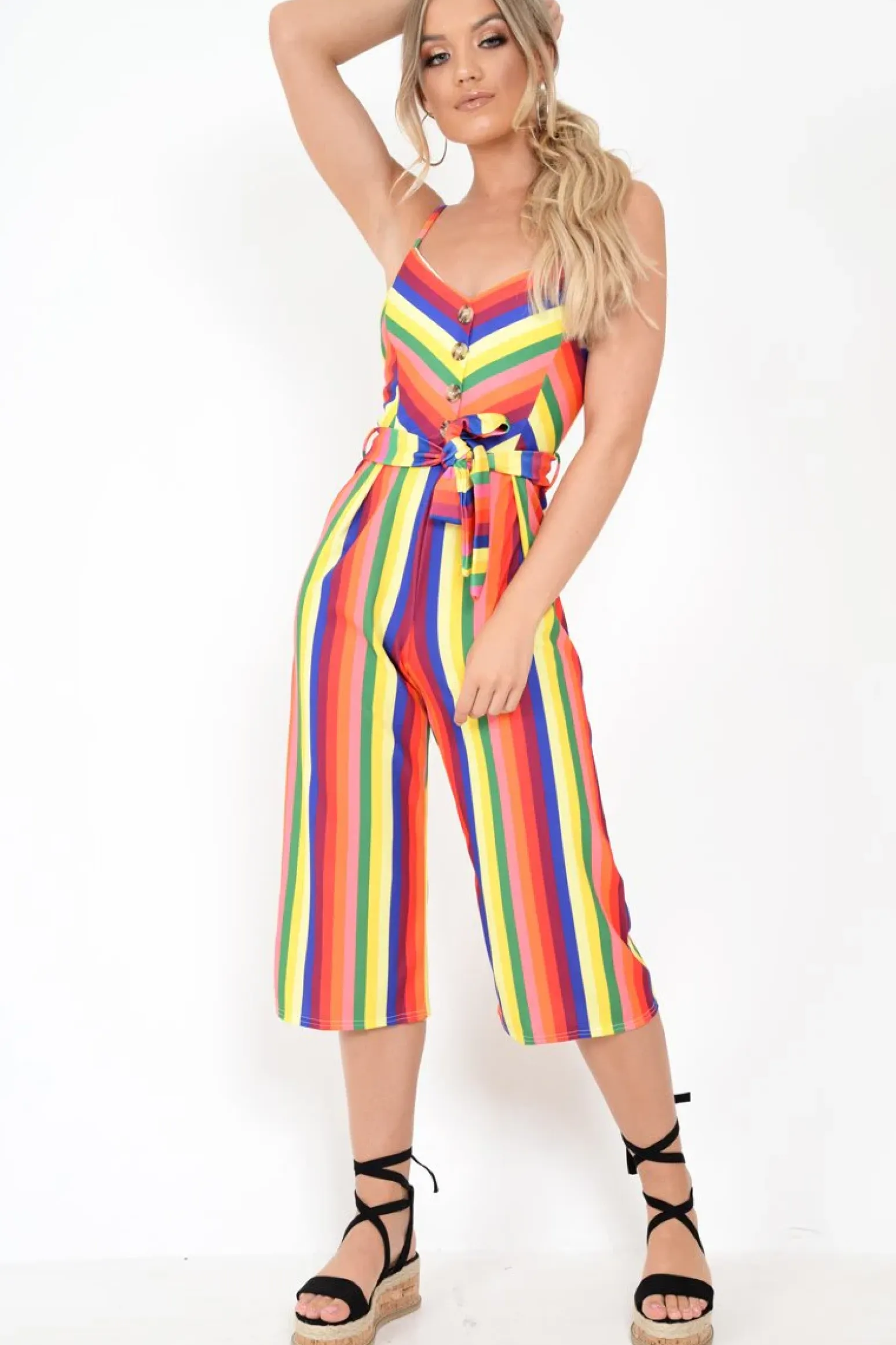 Rebellious Fashion Multi Stripe Button Detail Culotte Jumpsuit - Sapphira