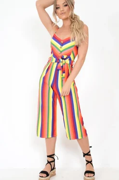 Rebellious Fashion Multi Stripe Button Front Tie Waist Jumpsuit - Tavi