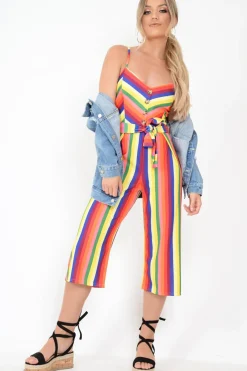 Rebellious Fashion Multi Stripe Button Front Tie Waist Jumpsuit - Tavi