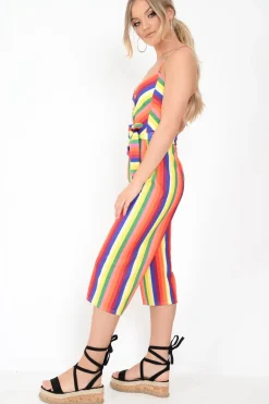 Rebellious Fashion Multi Stripe Button Front Tie Waist Jumpsuit - Tavi