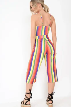 Rebellious Fashion Multi Stripe Button Front Tie Waist Jumpsuit - Tavi