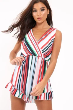 Rebellious Fashion Multi Striped Frill Hem Plunge Playsuit - Keanna