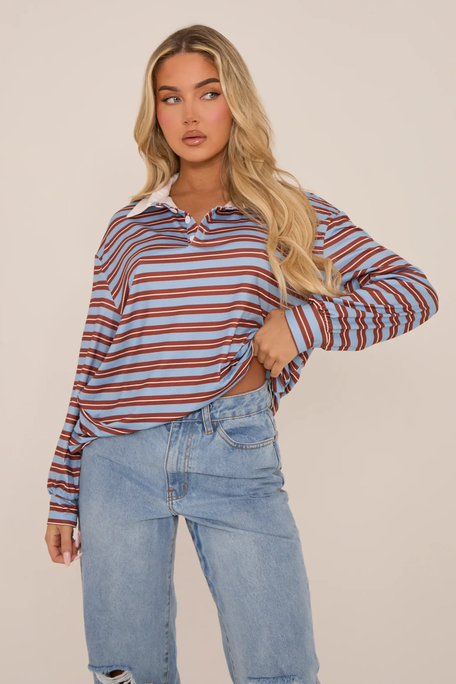 Rebellious Fashion Multi Striped Oversized Long Sleeves Rugby T-shirt - Citra