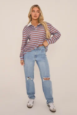Rebellious Fashion Multi Striped Oversized Long Sleeves Rugby T-shirt - Citra
