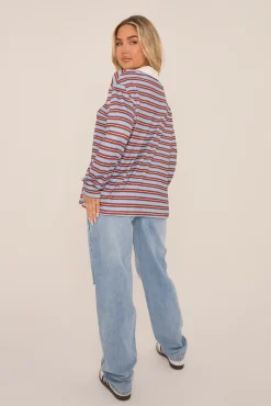 Rebellious Fashion Multi Striped Oversized Long Sleeves Rugby T-shirt - Citra