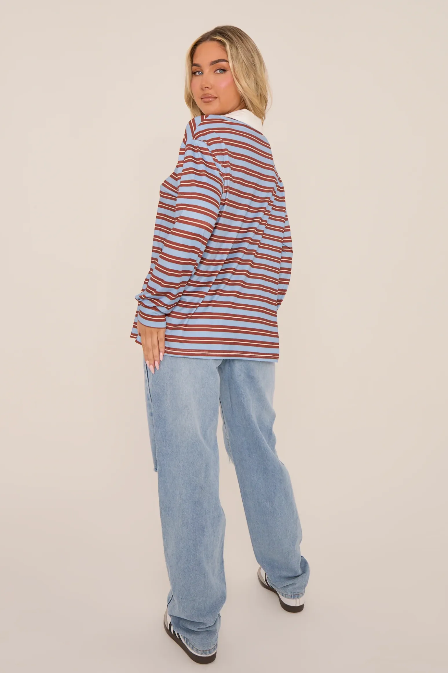 Rebellious Fashion Multi Striped Oversized Long Sleeves Rugby T-shirt - Citra