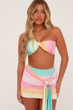 Rebellious Fashion Multi Striped Print Twist Detail Crop Top & Mini Skirt Co-ord - Ember