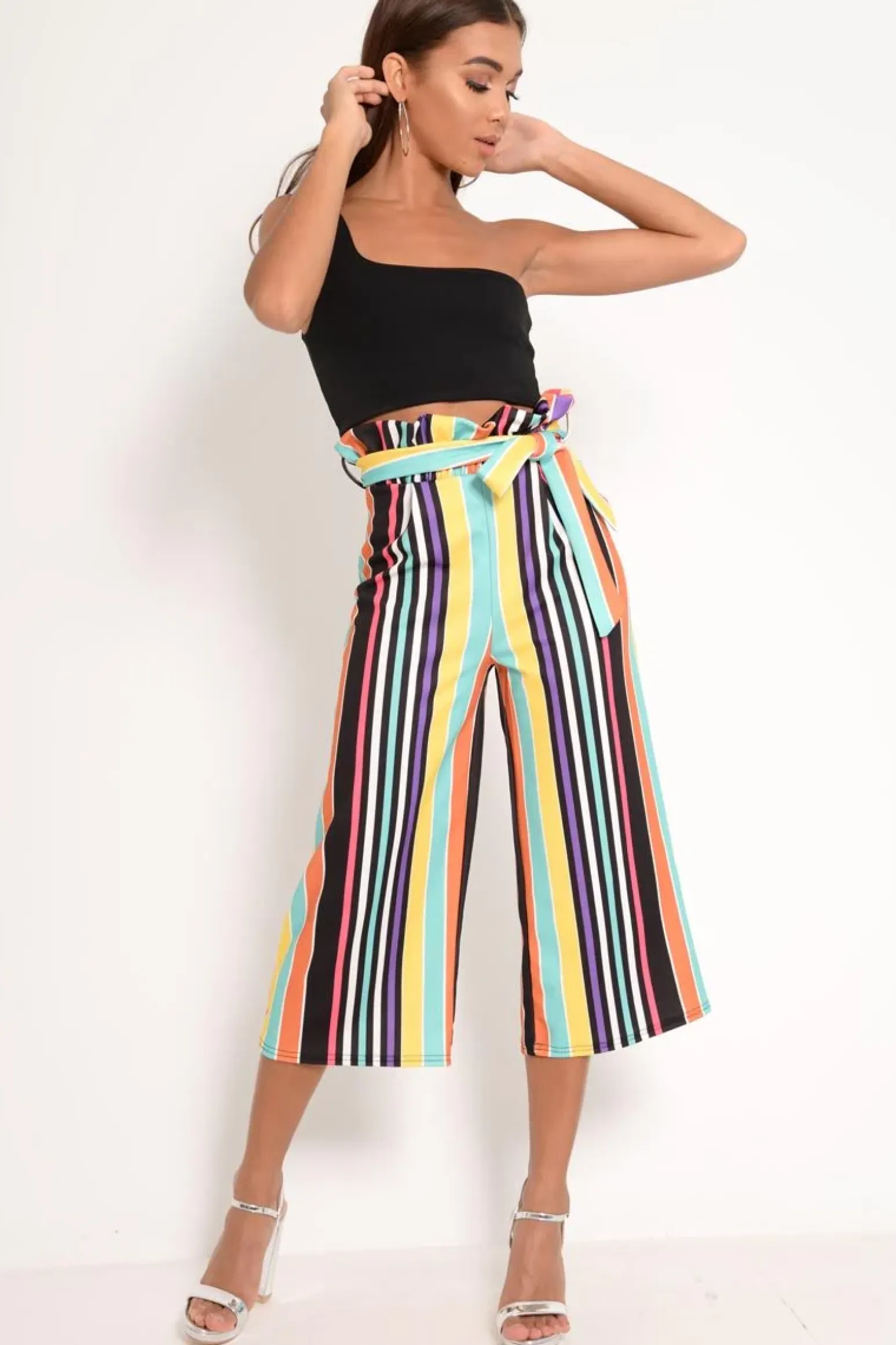 Rebellious Fashion Multi Stripe Paper Bag Tie Waist Culottes - Sada