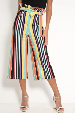 Rebellious Fashion Multi Stripe Paper Bag Tie Waist Culottes - Sada