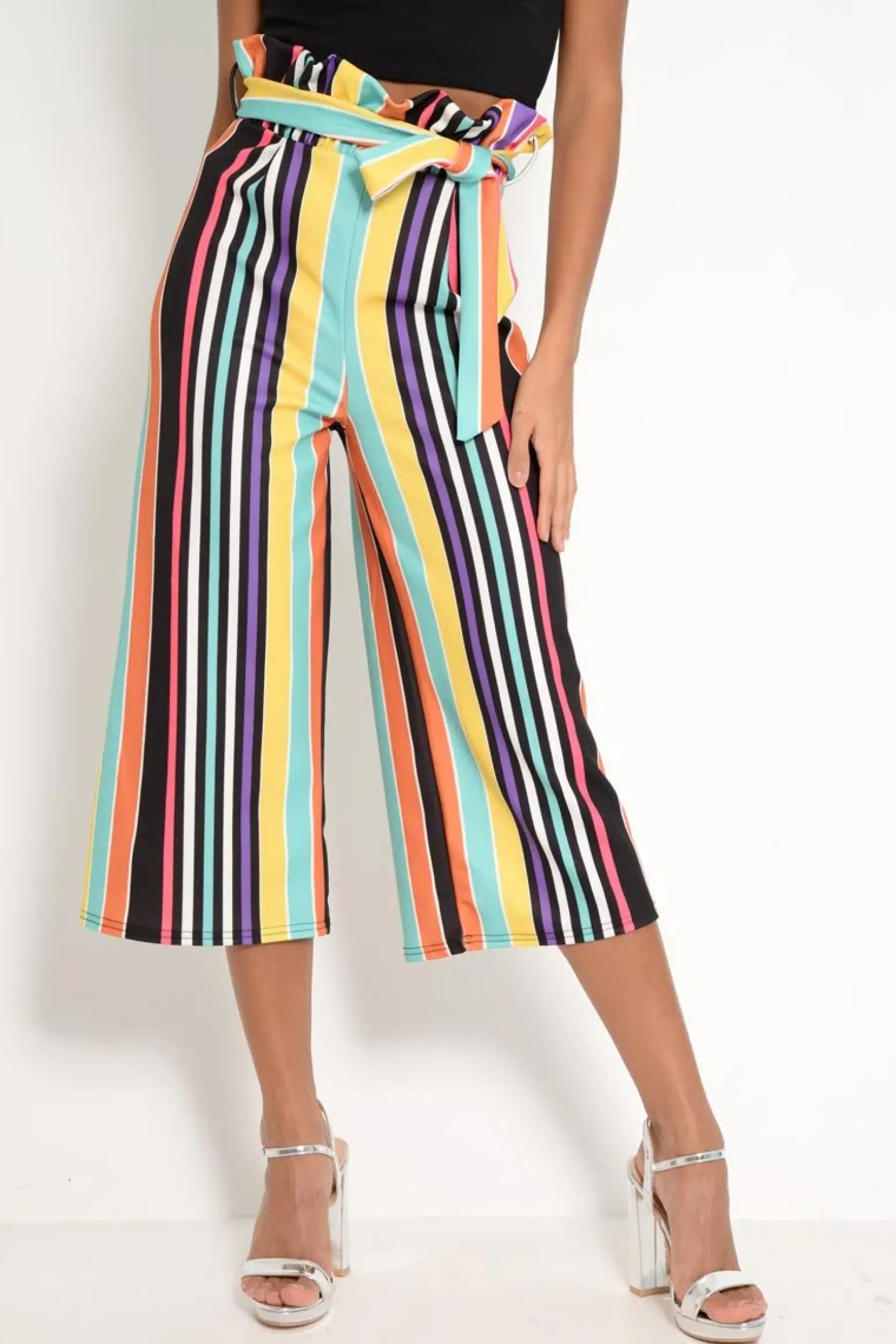 Rebellious Fashion Multi Stripe Paper Bag Tie Waist Culottes - Sada