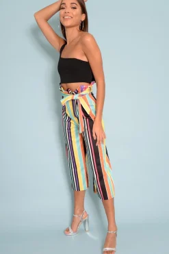 Rebellious Fashion Multi Stripe Paper Bag Tie Waist Culottes - Sada